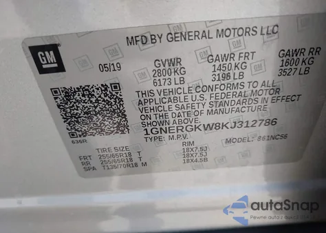 2019 Chevrolet Traverse 1Lt from USA, damaged, VIN 1GNERGKW8KJ312786